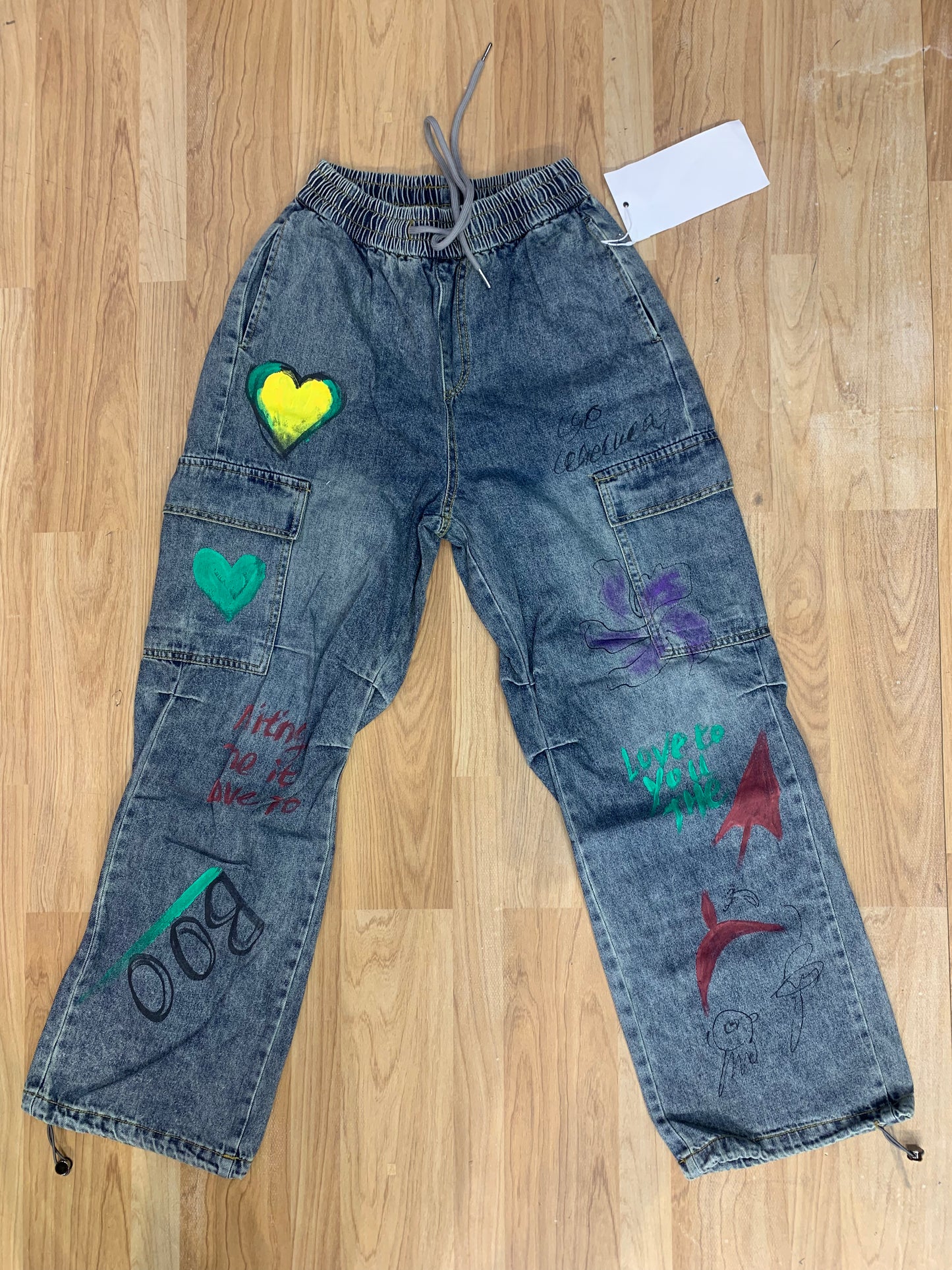 Denim Jeans Four pocket painted Love to You the Green multi colours 1809