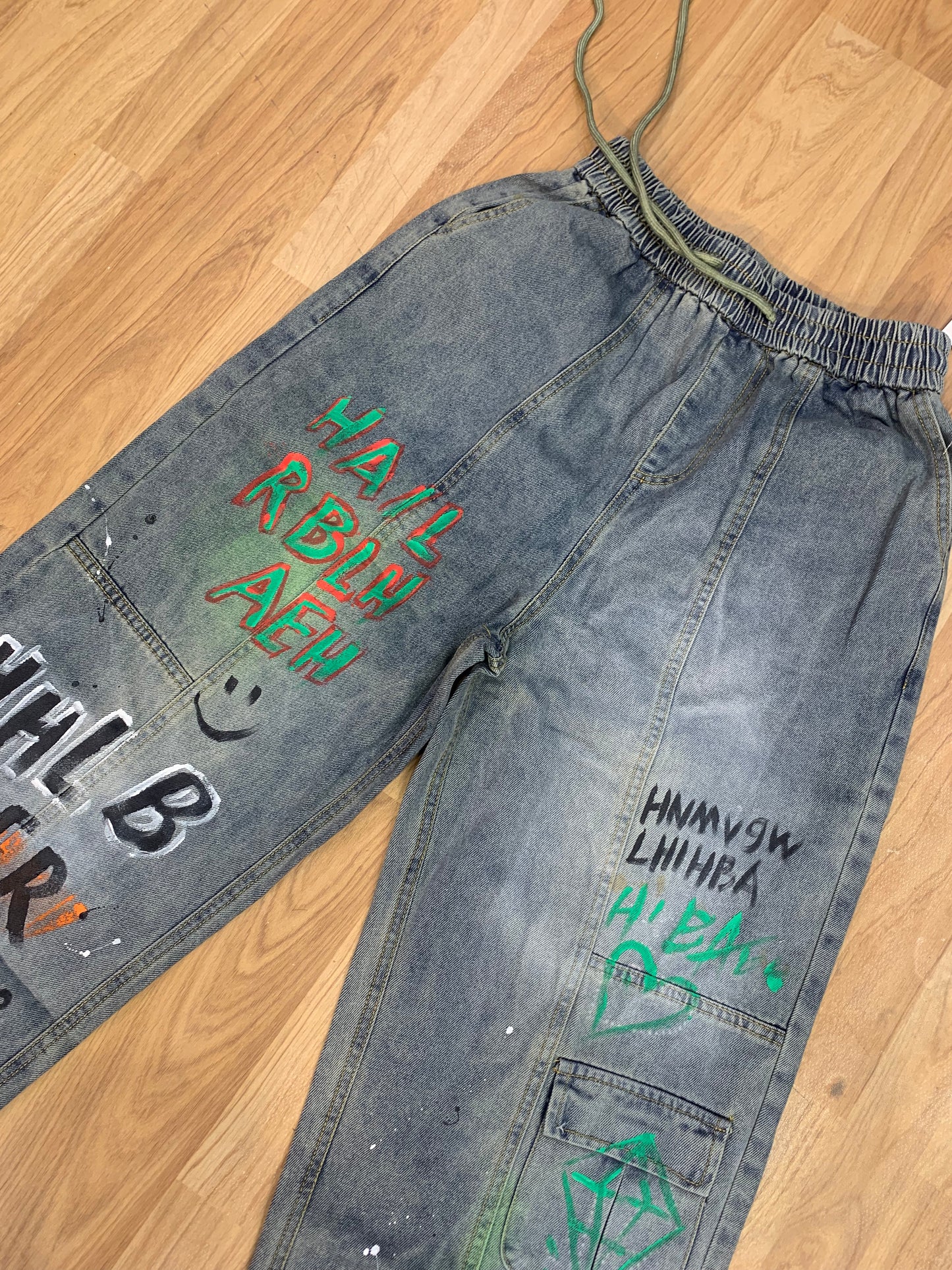 Denim jeans straight fit HHLB DLER black painted green red 1807