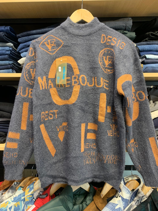 Maikebojue grey Brown Colour with front Maikebojue Print Speckled Pullover with Ribbed Hems Sweater 12578