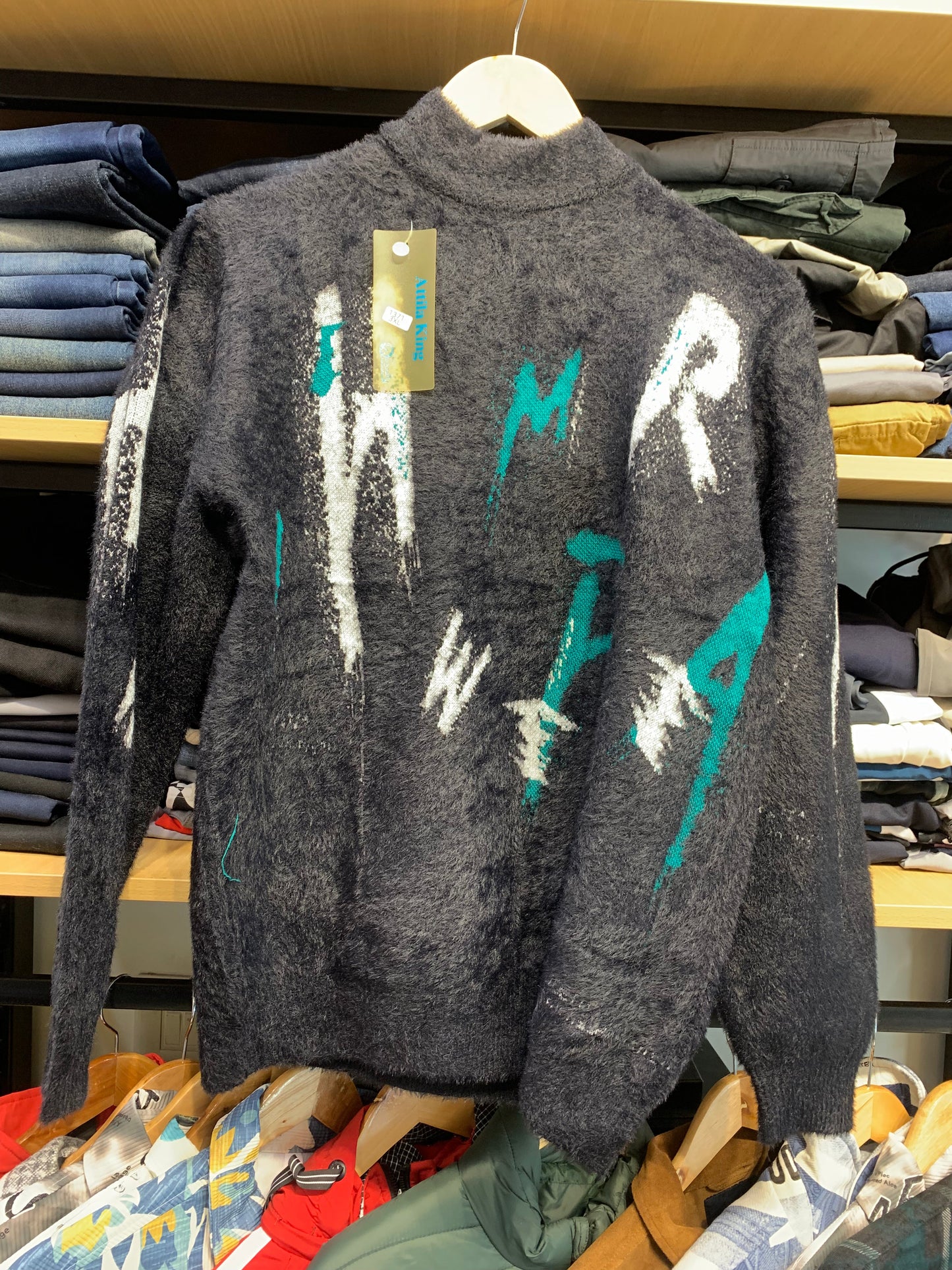 Black Colour with Word front Print Speckled Pullover with Ribbed Hems Sweater 12583