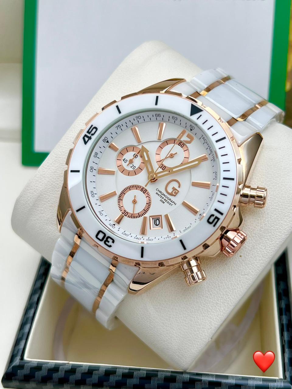 EUG White Ceramic Chain White Dial Chronograph Men’s Watch 989829