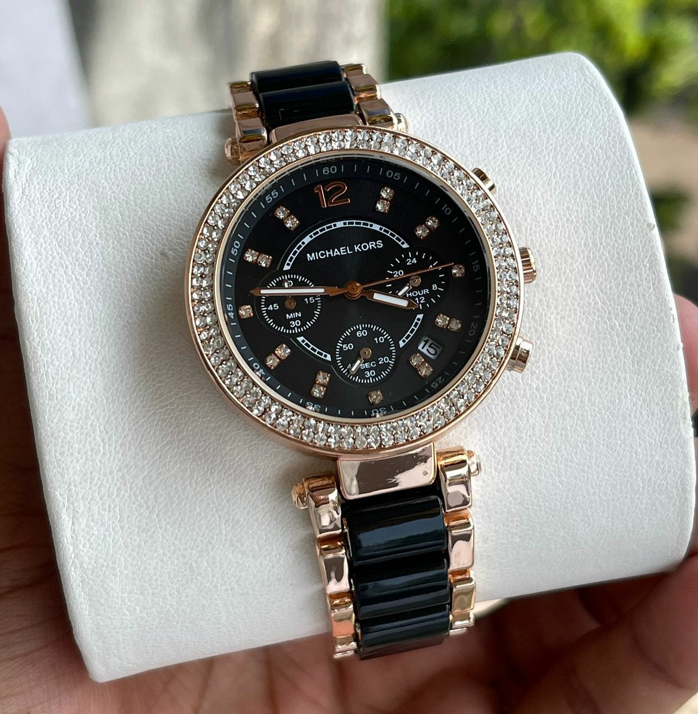 Cim Copper Black Chain Black Dial Studed Chronograph Working Ladies Watch 989842