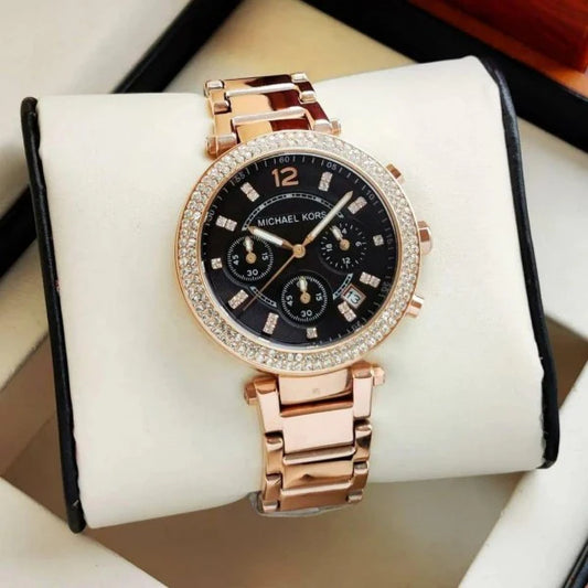 Cim Copper Chain Black Dial Studed Chronograph Working Ladies Watch 989844