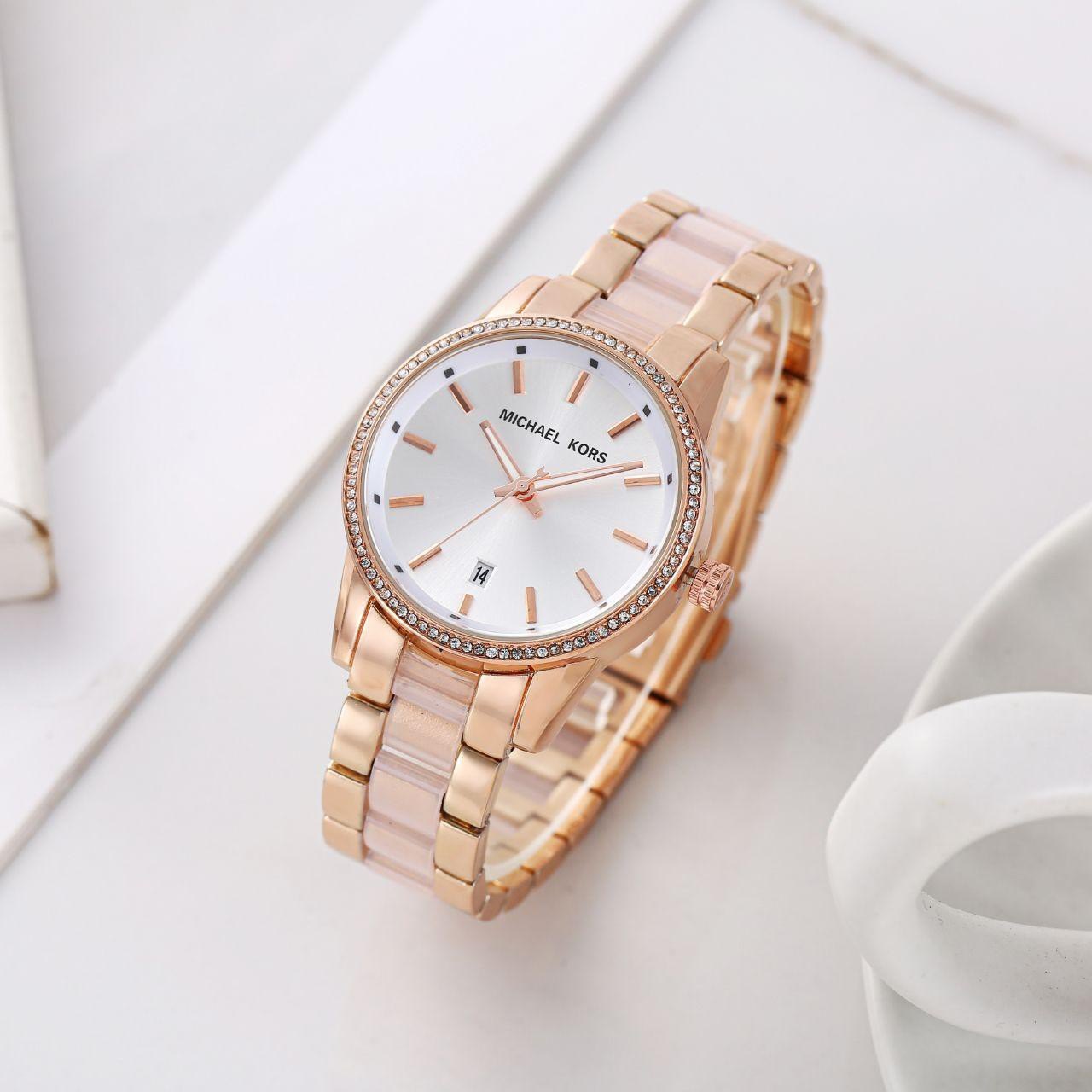 Cim Copper Pink Chain White Dial Studed Ladies Watch 989850
