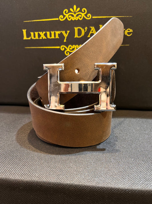 Her Reh Brown Strap Silver Buckle Men’s Belt 64631
