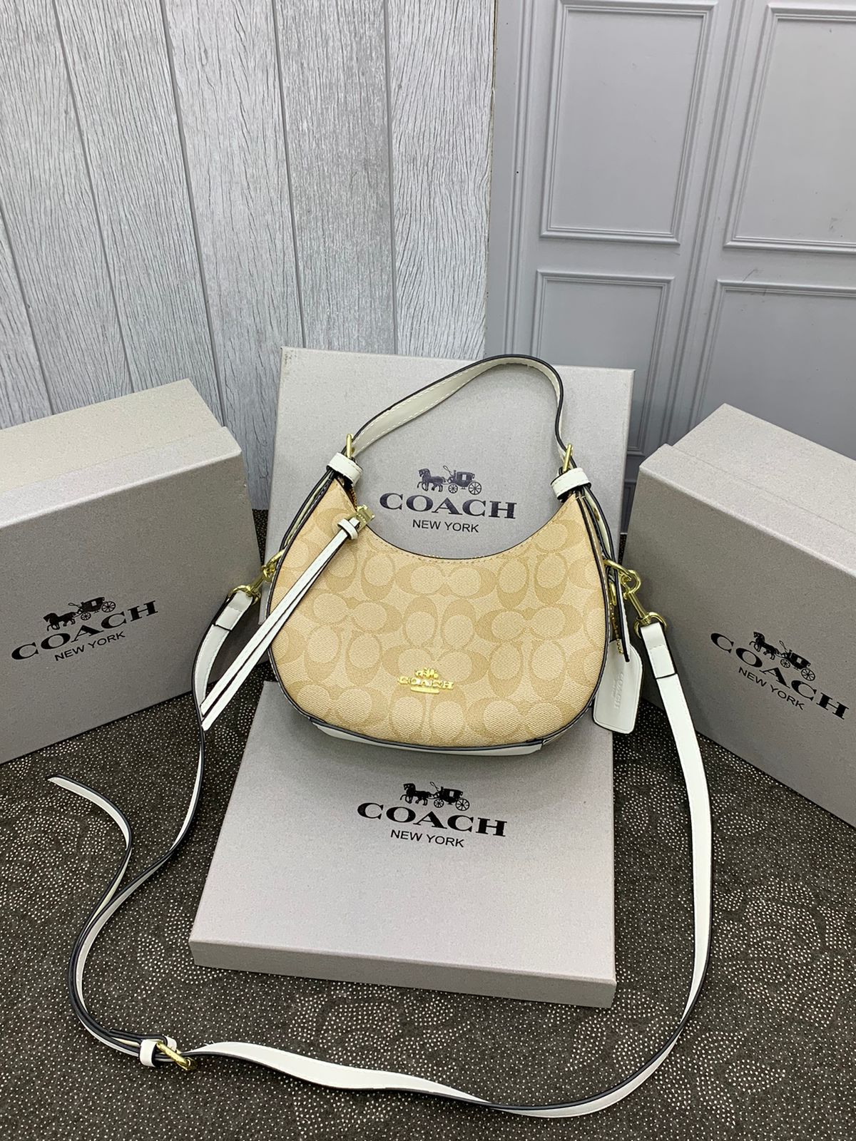 AOC COA Apricot Beige & White Colour Premium Quality Ladies Sling Bag With Box 2721