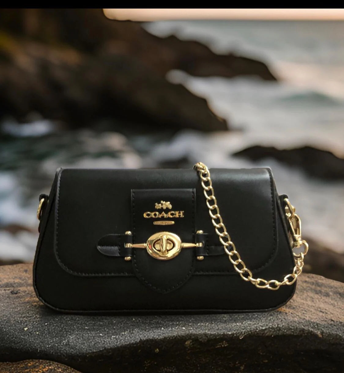 AOC COA Black Colour Golden Buckle Premium Quality Ladies Sling Bag With Box 8200#