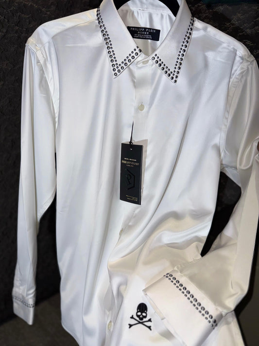 IHP White Colour Shirt Collar & Sleeve Stone Work Back Print Skull print H1116
