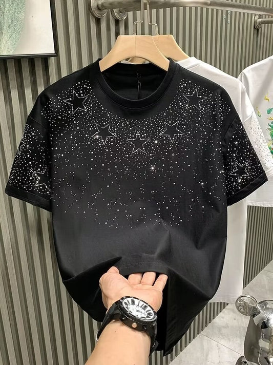 SDML New Men Luxury Diamond Star Rhinestones Fashion Black T-Shirt High Quality H1919