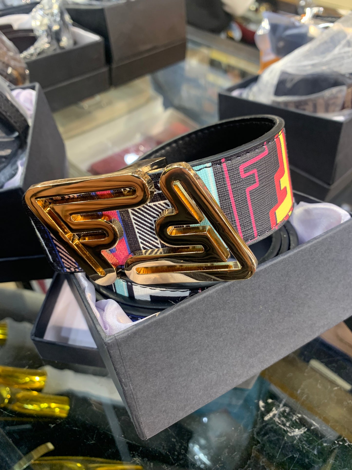NEF Gold Buckle Multi Print Strap Imported Italian Leather Men’s Belts 988741
