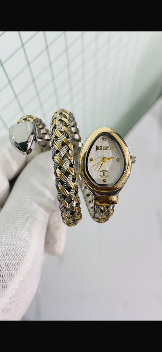 Suj Cav JC Golden Silver Snake White Dial Ladies Watch 990288