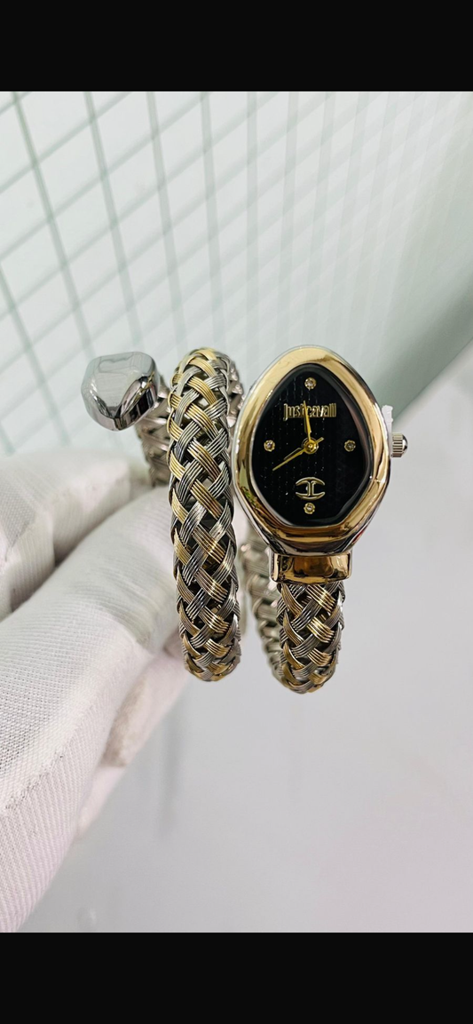 Suj Cav JC Golden Silver Snake Black Dial Ladies Watch 990290