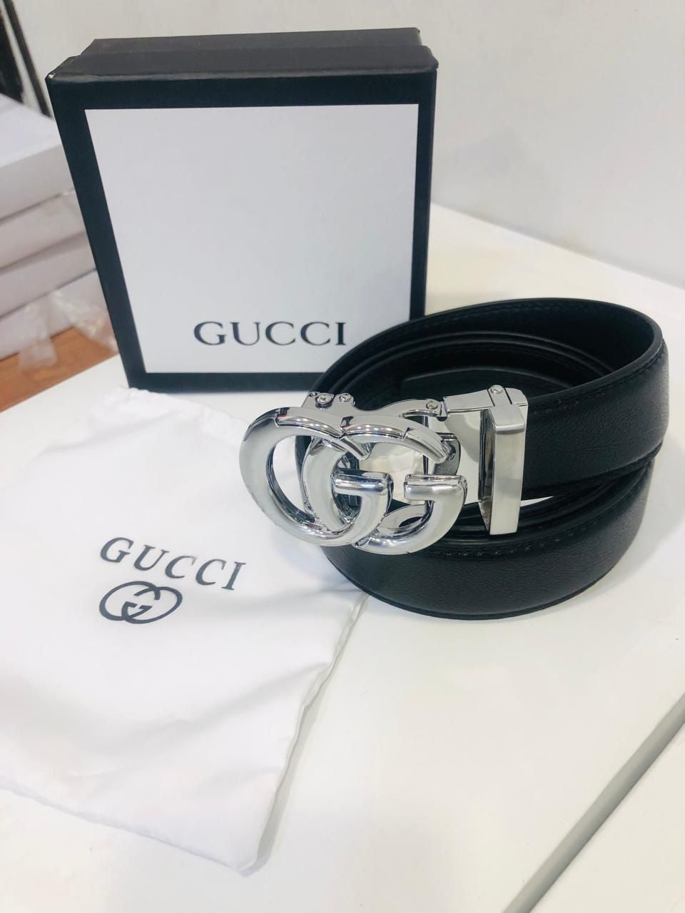 CUG Silver Buckle Black Strap Autolock Imported Italian Leather Men’s Belts 988758