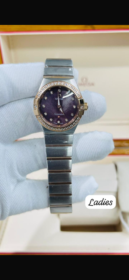 EMO Silver Copper Chain Stud Copper Ring Stud Purple Dial Premium Quality Ladies Watch 990298