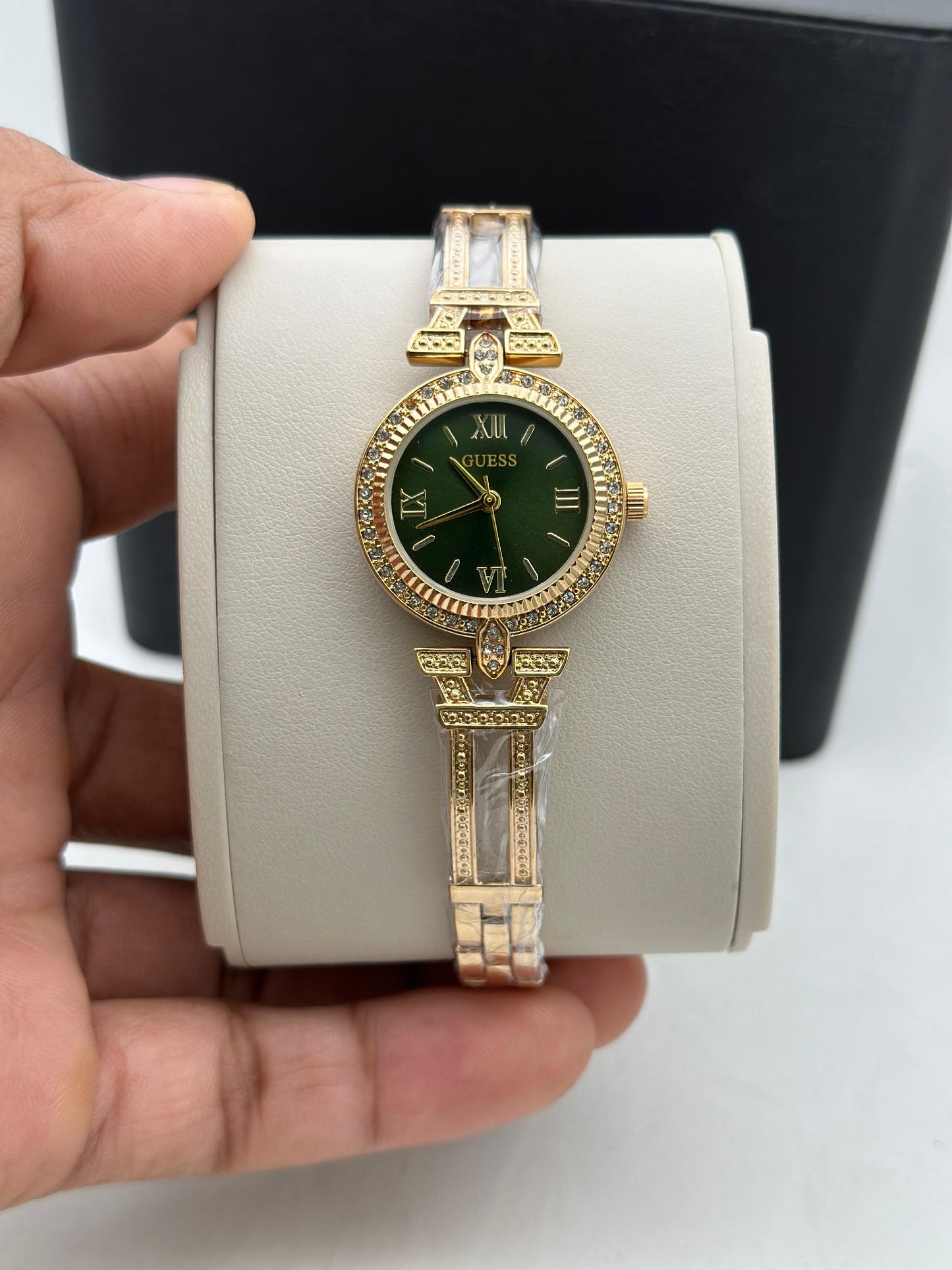 EUG Golden Chain Golden Stud Ring Green Dial Ladies Watch 990309