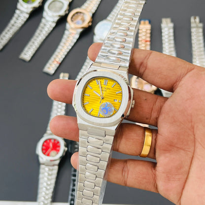 Pp Silver Chain Yellow Dial Pat Tap Heavy Machinery Men’s Watch 180825