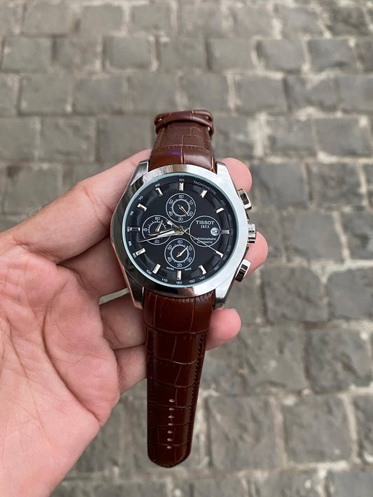 Sit Luxurious Brown Strap Copper Ring white Dial Chronograph Black Strap Watch For Men 990118