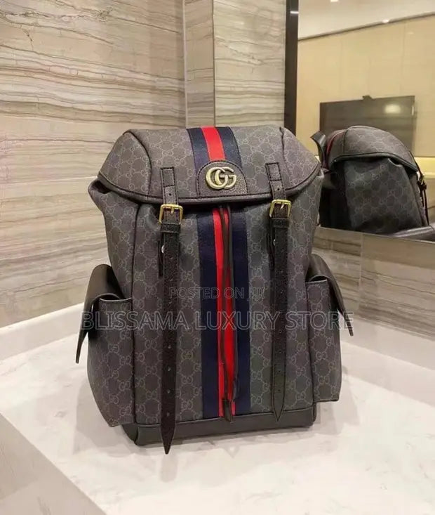 Cug Black Colour Gg Print Blue Red Strip Unisex Backpack 43267
