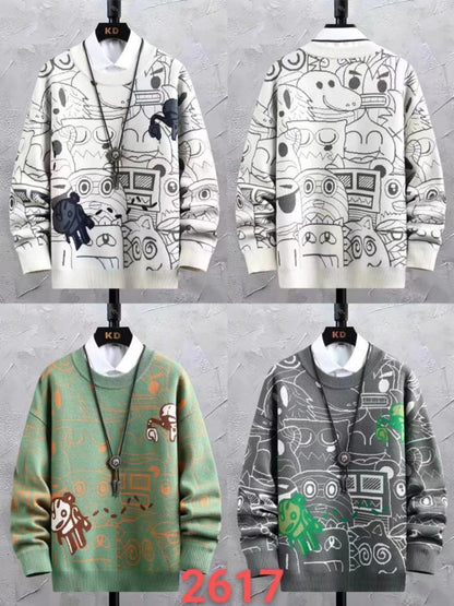 White Colour With Cartoon Print Premium Quality Oversized Unisex Sweater 93316