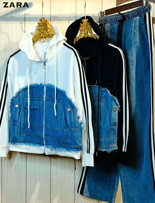 Black Blue Denim Hoodie Style Premium Quality Importe Unisex Coord Set 989440