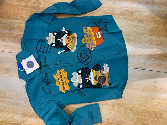 CHLEN RTEEL Coffee Time Blue Colour Cat Print Baggy Size Premium Quality Unisex Shirt YH801