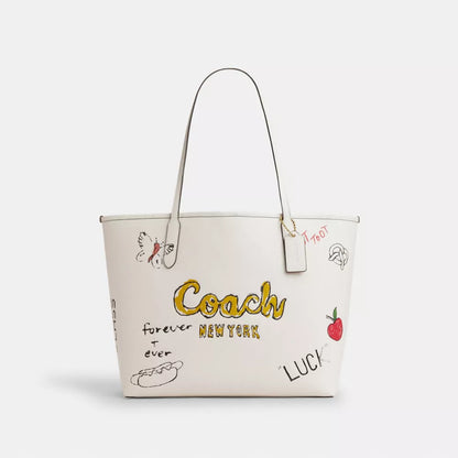 AOC WHITE Colour Genuine Leather With Sketch Print Heavy Premium Quality Tote Bag 30040-1L