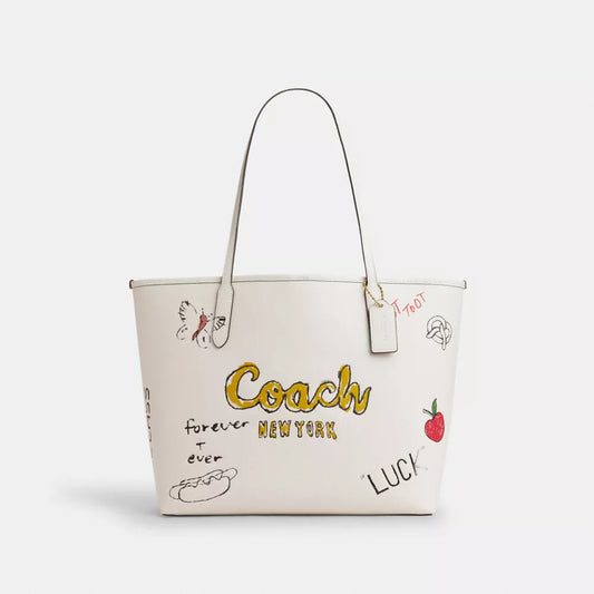 AOC WHITE Colour Genuine Leather With Sketch Print Heavy Premium Quality Tote Bag 30040-1L