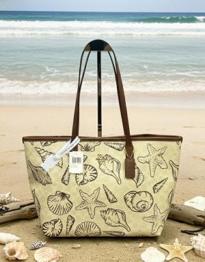 AOC Cream and Brown Colour Genuine Leather With Shell Print Heavy Premium Quality Tote Bag 30040-1L