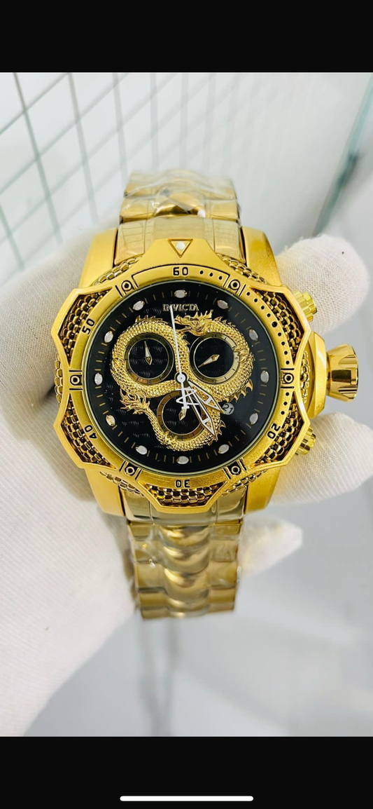 Vin INV Gold Chain Golden Ring Black Golden Dial Heavy Man Watch 990409