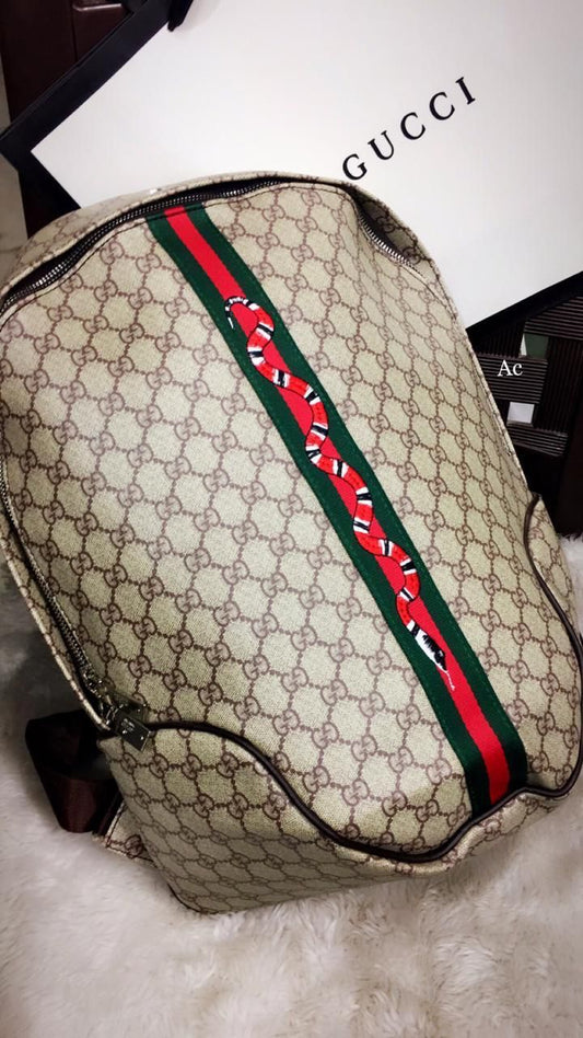 Guc Cug Beige Brown Green stripe Snake Large Size Backpack 1101