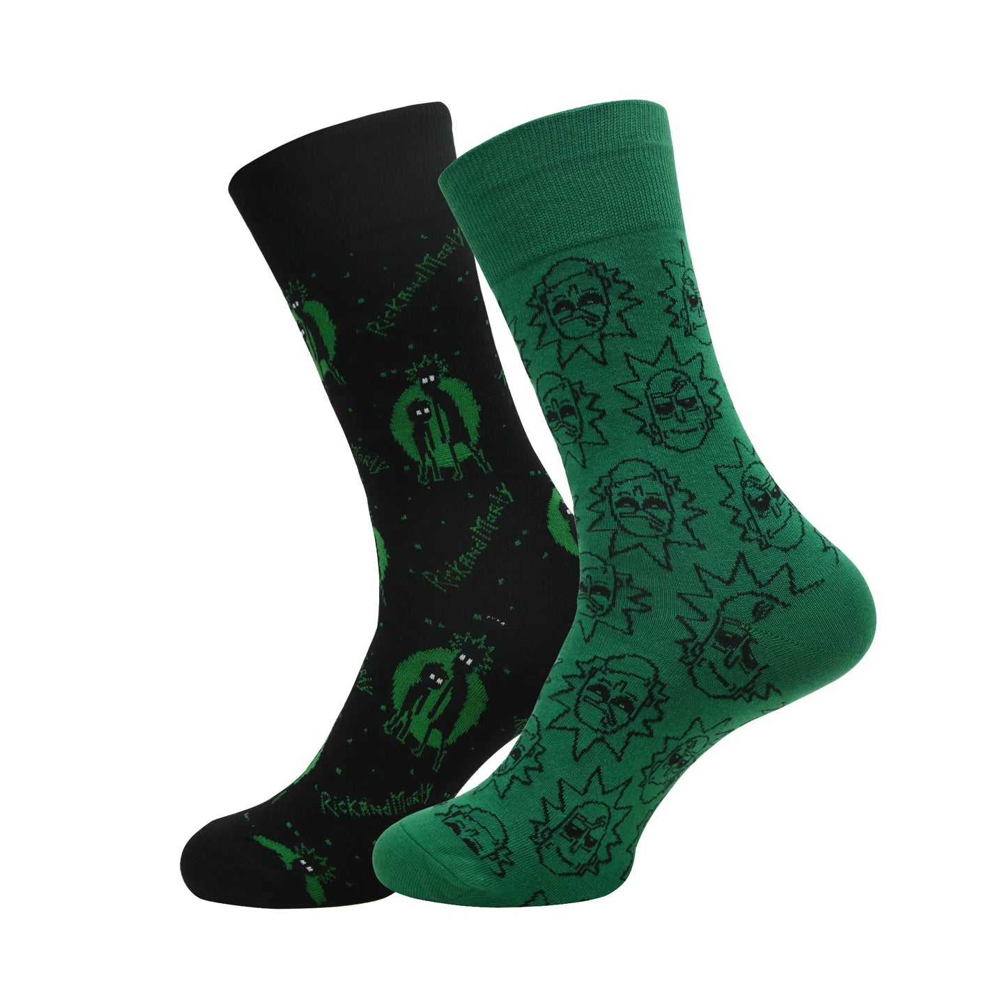 BALENZIA RICK AND MORTY COTTON CREW SOCKS FOR MEN (PACK OF 2) (FREE SIZE) (GREEN, BLACK)