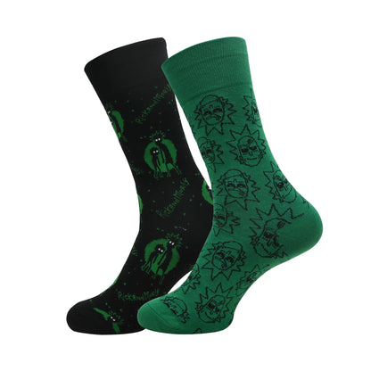 BALENZIA RICK AND MORTY COTTON CREW SOCKS FOR MEN (PACK OF 2) (FREE SIZE) (GREEN, BLACK)