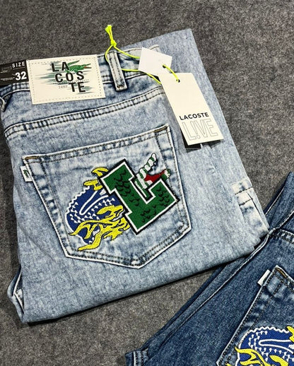 CAL Sky Blue With Back Pocket L Crocodile Embroidery Looser Fit Straight Fit Jeans 19312