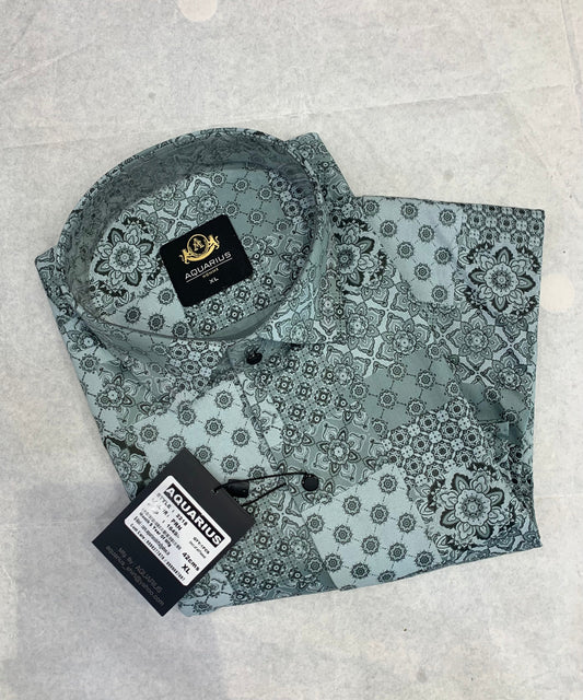 Aquarius Green Grey Color With Floral Print Design Premium Quality Shirt 2218