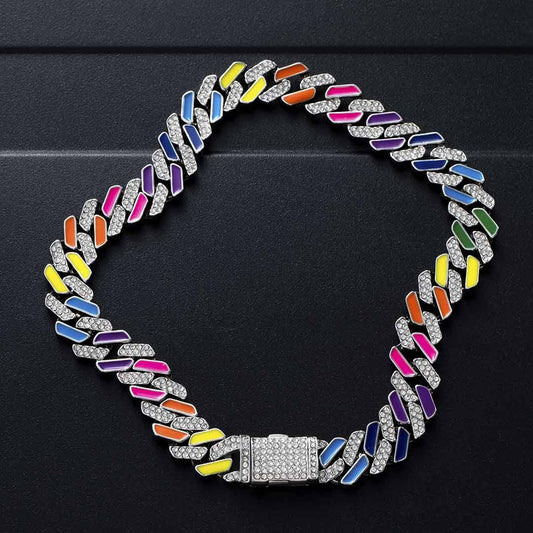 Multi-Color Half-Iced Cuban Necklace in White Gold 75099