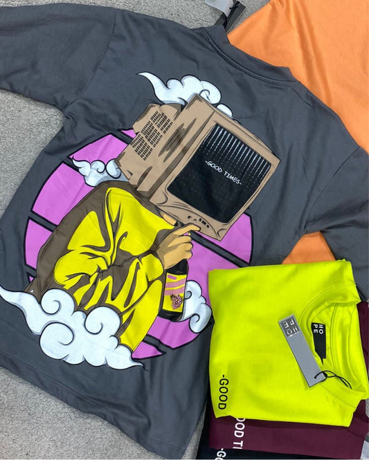 HOPE Grey Colour With Good Time And Back Print Drop Shoulder TShirt 108549