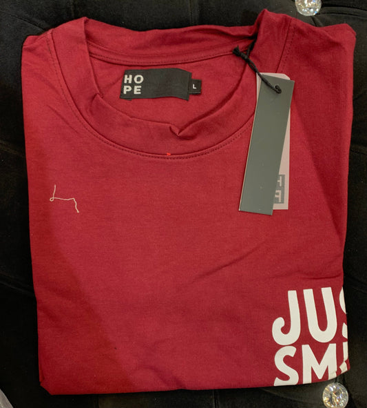 HOPE Maroon Colour With Just Smile Back Print Drop Shoulder TShirt 108605