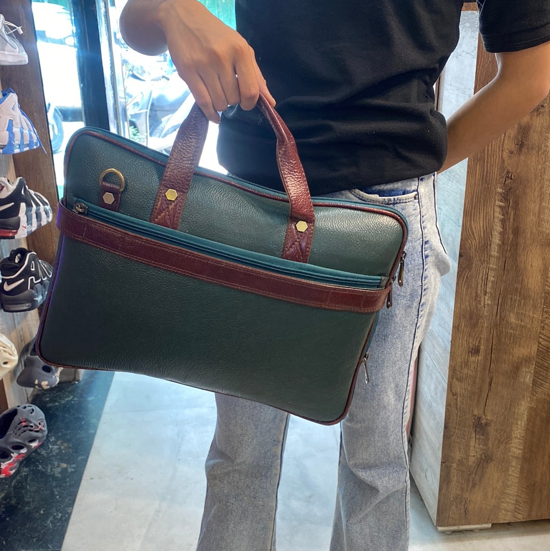 Green Maroon Colour Zipper Genuine Leather Laptop Bag 4204
