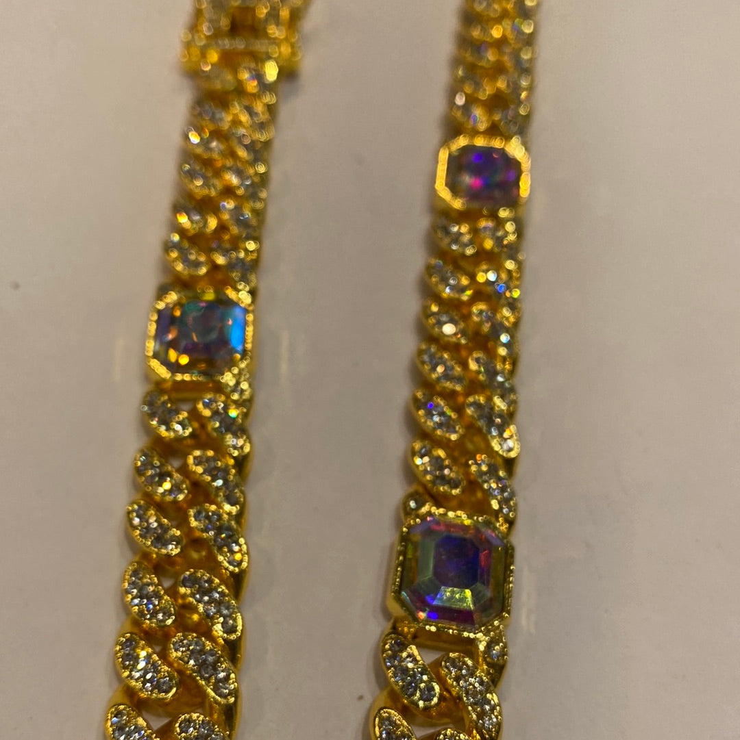 Gold  Colour With Multi Colour Diamond Studded Cuban Chain Necklaces 65098