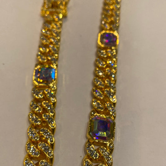 Gold  Colour With Multi Colour Diamond Studded Cuban Chain Necklaces 65098