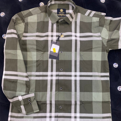 Zeus UEZ Olive Green White Colour Lycra Cotton Full Sleeve Premium Check Shirt 9134