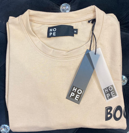 HOPE Beige Colour With Boo’os Back Print Drop Shoulder TShirt 108576