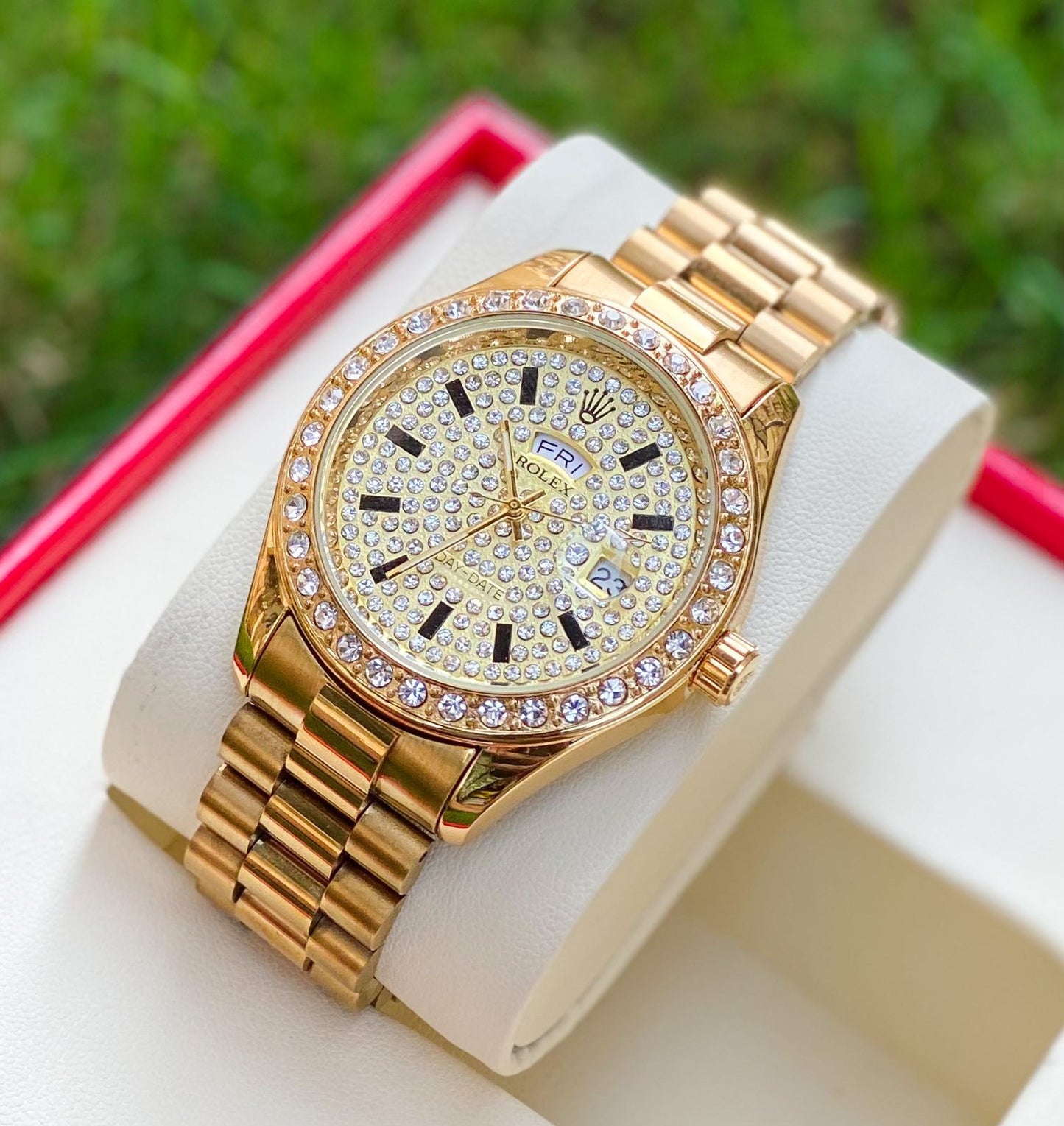 LOR Golden Gold Stud Diamond Watch for Him Her Men Ladies Watch 400693