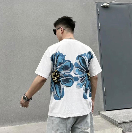 Beautiful White Colour With Blue Flower Print Premium Quality Tshirt K 1045
