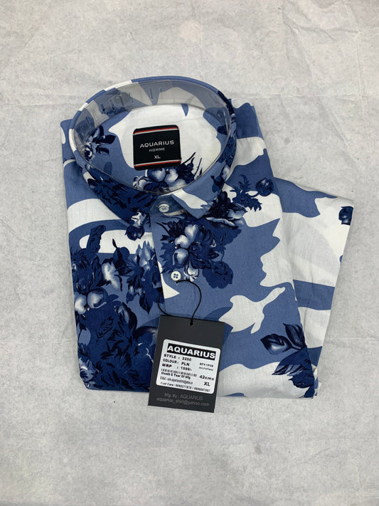 Aquarius Blue White Color With Floral Print Premium Quality Shirt 2250