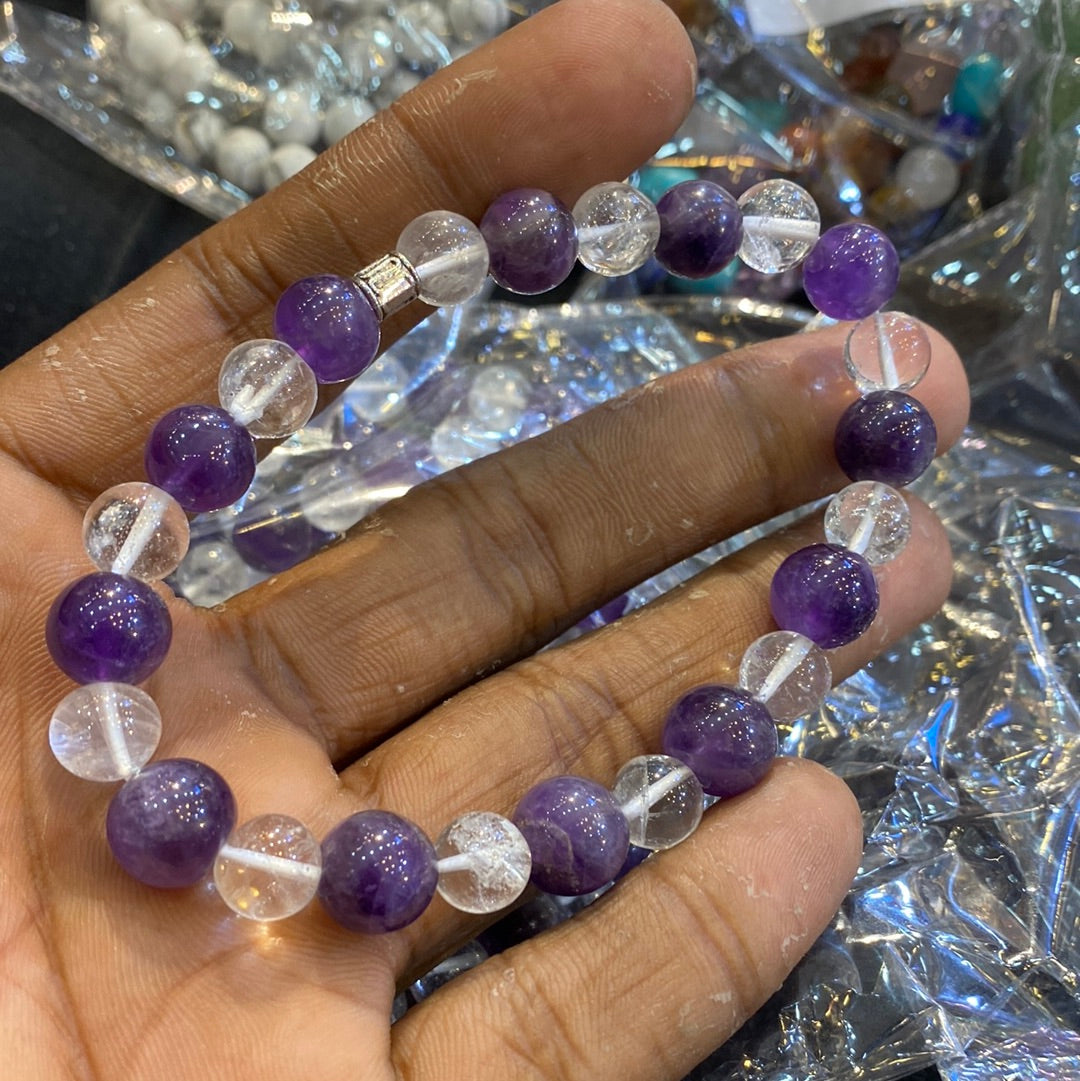 Amethyst With Clear Quartz Natural Stone Beads Unisex Bracelet