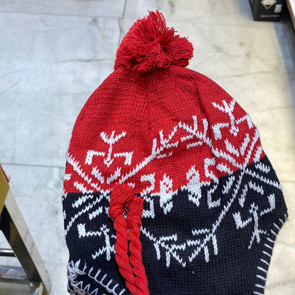 Red Black Colour Ear flaps features braided tassels Beanie Cap 9341