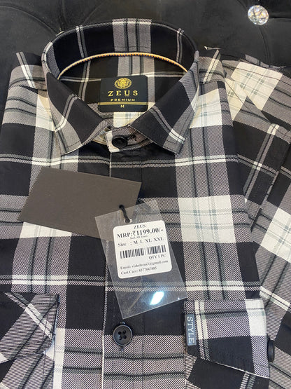 ZEUS Black Grey Colour With Check Print Double Pocket Lycra Cotton Full Sleeves Shirt 567893