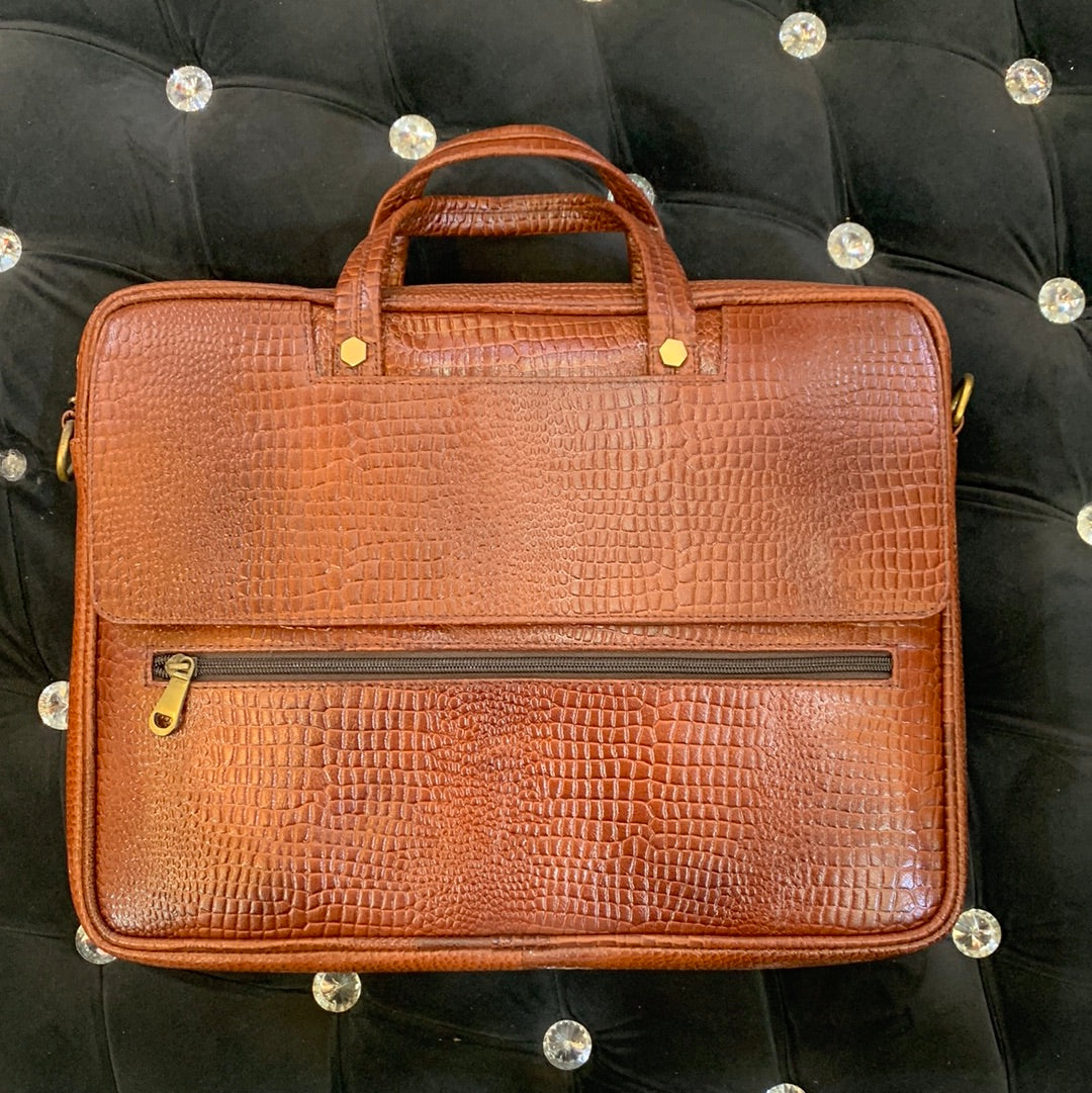 Brown Colour Genuine Leather Heavy Quality Flap crock Print Laptop Bag 4221