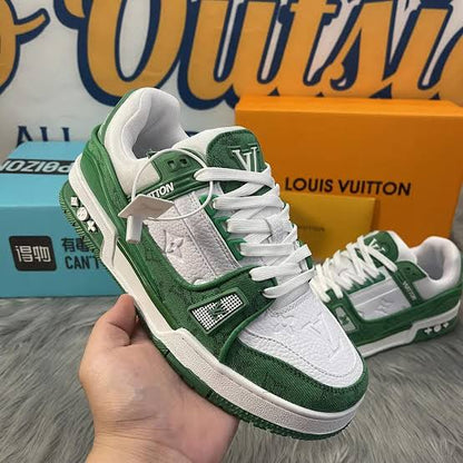 VL LOU UOLGreen White Colour with Monogrammed Design Trainer Sneaker Shoes